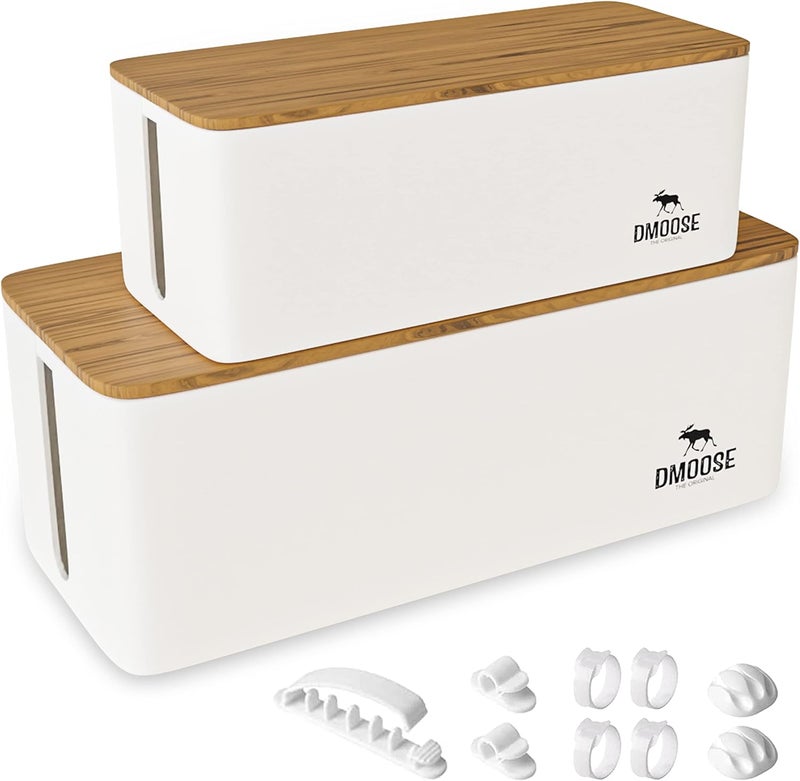 DMoose  Cable Management Box - 2 Pack Medium & Large Cord Organizer for Desk & Floor, Cable Organizer Box for Child & Pet - Cable Box Hider for Tidy Office & Home (Wood Print Lid, White Box, Pack of 2) - Image 1